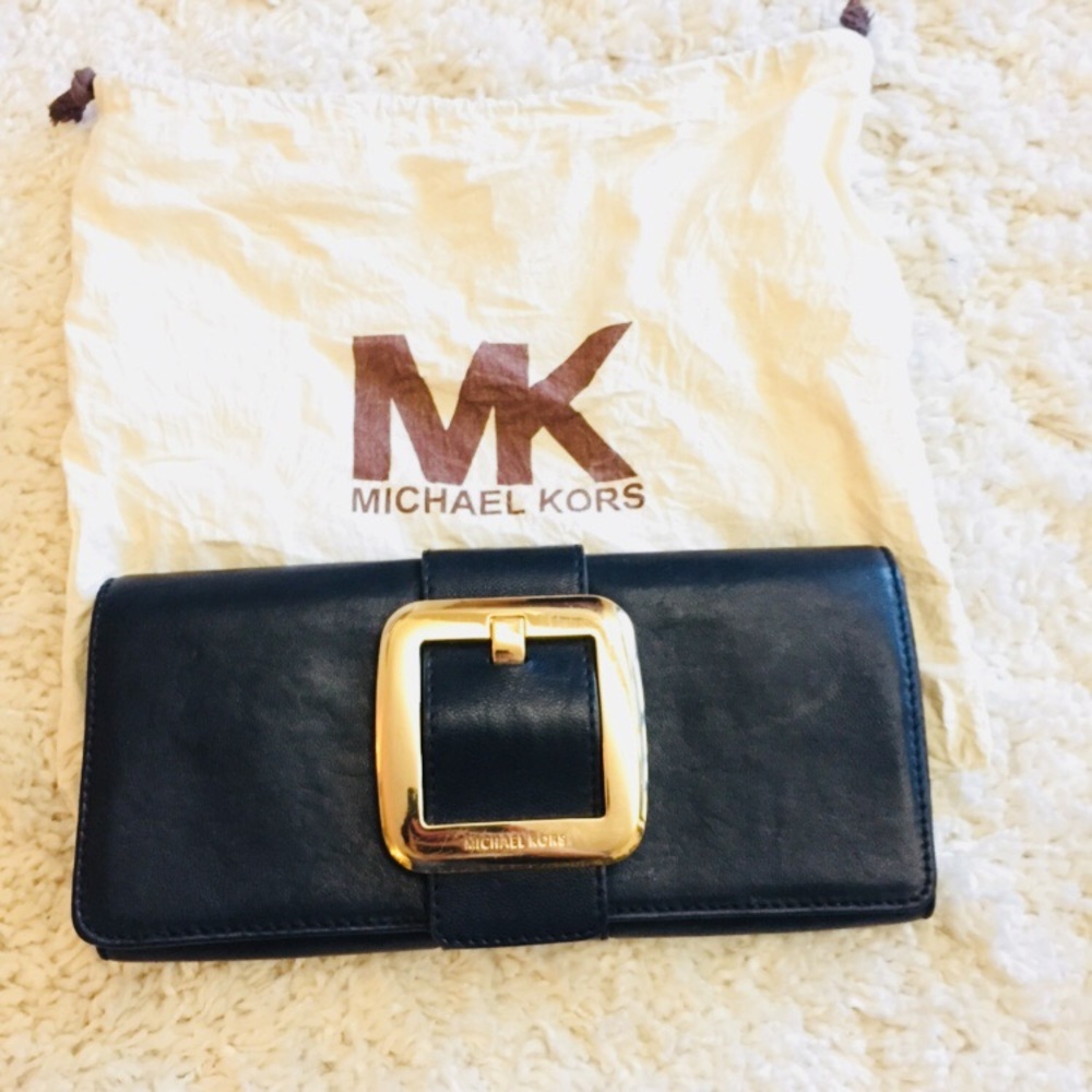 Michael kore leather black clutch gold hardware